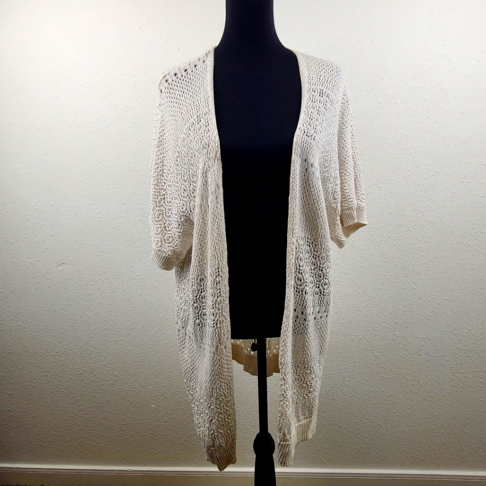 Lane Bryant Open Knit Cardigan Short Sleeve Cotton Sweater White Plus Size 22/24